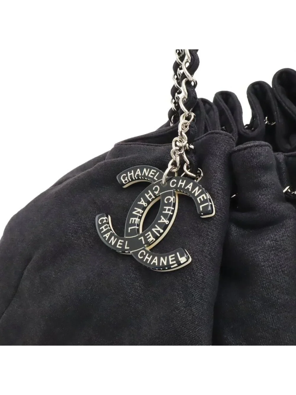Chanel CC Logo Melrose Cabas Quilted Chain Shoulder Bag Cotton Jersey Black